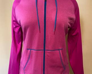 Hot pink Champion hoodie with blue details