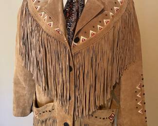 Roaman’s vintage suede leather coat with southwestern detail & fringe