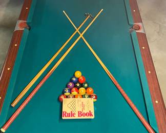 Vintage Fischer billiard table, 3 cues, balls, 2 ball racks & rule book