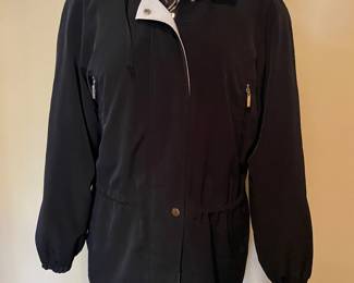 Dress Barn black raincoat with tan lining, hood & drawstring waist