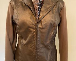 Gold leather jacket with knit sleeves by Nygard