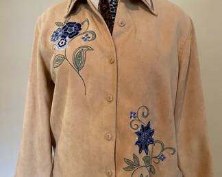 Tan faux suede shell with blue embroidery by Bechamel