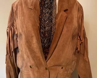 Tan suede leather jacket with fringe by Learsi
