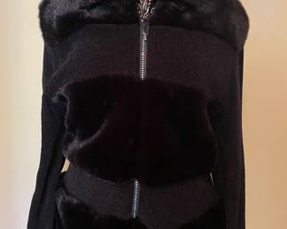 Black faux fur sweater with rhinestone zip by Lisa