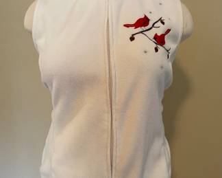 White fleece vest with cardinals