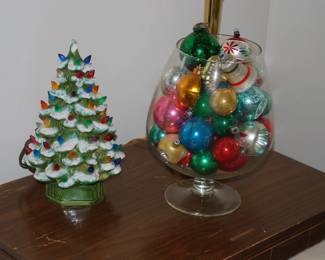 Ceramic Christmas Tree and huge brandy sniffer full of vintage ornaments
