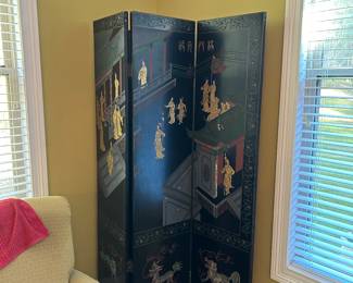 3 panel Vintage Black Lacquer oriental folding screen 