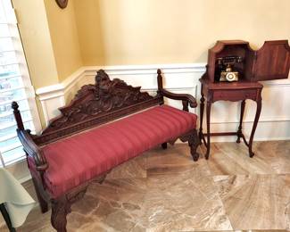 Antique Sofa W/Carved Back, Telephone Table