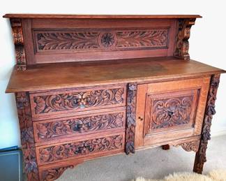 Antique Sideboard W/Figural Lion Heads