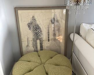 Poof, tufted ottoman, decorative artwork, floor lamp