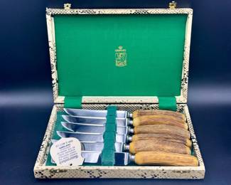 (6) Kirk & Matz Genuine Stag Knives With Case
https://ctbids.com/estate-sale/31612/item/3566045/6-Kirk-Matz-Genuine-Stag-Knives-With-Case