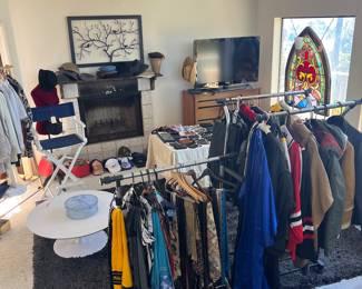 White Tulip Table, Vintage Clothing, and Accessories, Jackets and Costumes.  Dressers, Beautiful Stainglass church window. TV. Directors chairs