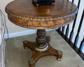 Pair of Maitland Smith Walnut Round Side Tables with Brass 
