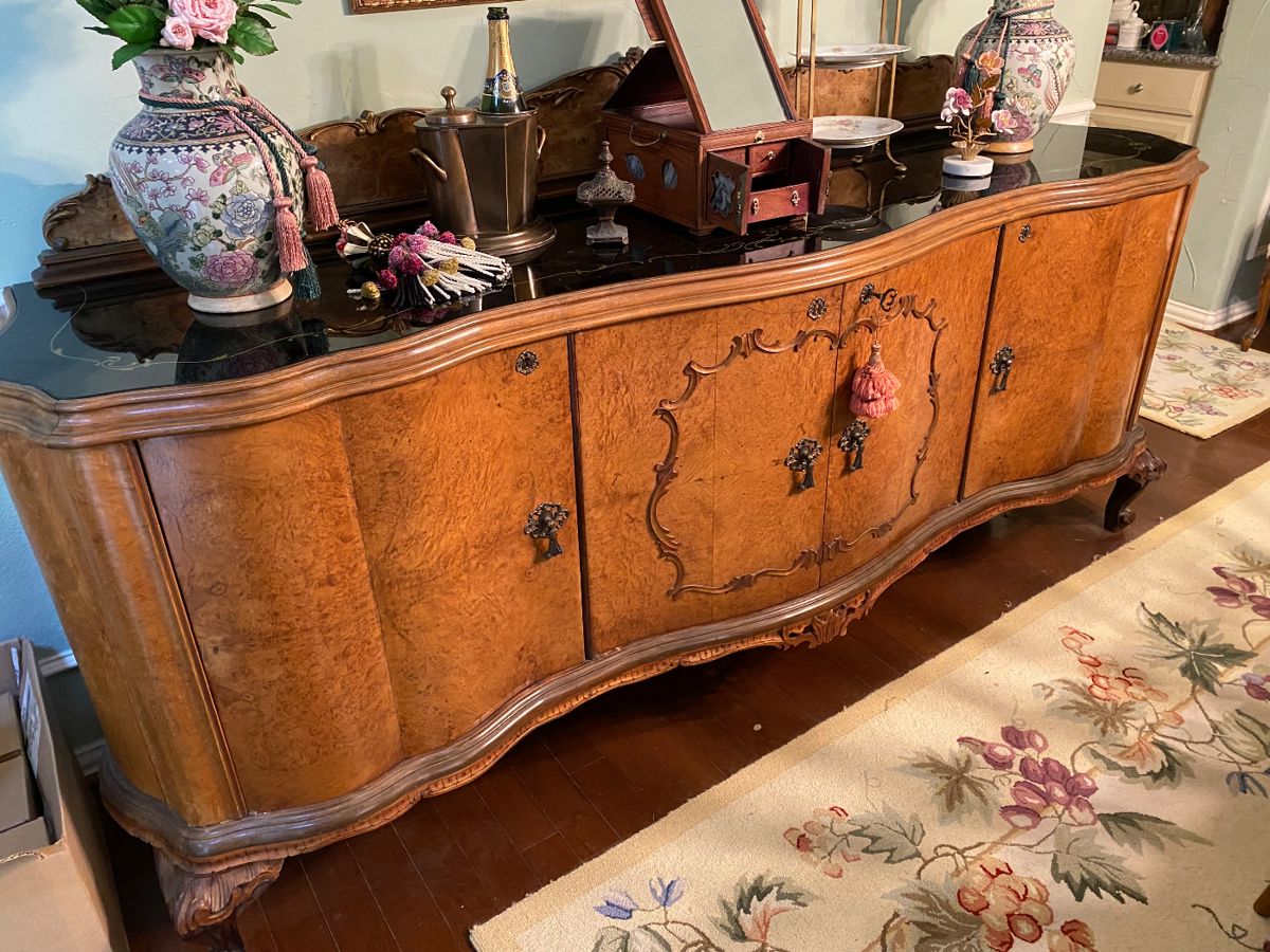 Burl wood four-door buffet ~ French serpentine cabinet