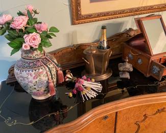 Vintage Asian Temple jars, 
a very unique tableside brass wine bucket
antique mahogany dressing box, circa 1840