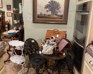 Sweet little black metal bistro set
antique China, 
doll house shaped wicker basket, 
and a sun bonnet