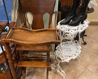 Antique wood highchair on wheels, beautiful Victorian Two tier table, Victorian Ladies boots