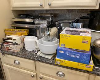 Bakeware, toaster oven, vintage sunbeam mixer , small appliances