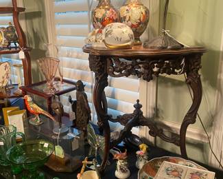 Mahogany three leg carved half table, 
antique lamp - craftsman style
cloisonné floral vases, 
Display cases
pink depression glass