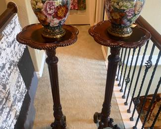 Lovely pair of Maitland Smith plant or statue stands with ornately designed bases and tops and a pair of cloisonné  vases