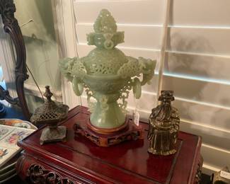 Green stone sensor or incense burner with dragons -  hand carved -  beautiful details