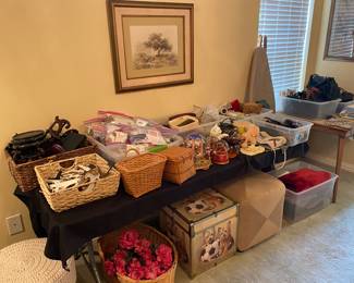 Huge easel collection, Asian display bases, Wicker baskets, Christmas water globes, vintage sunglasses, reader collection, ottoman, vintage storage box