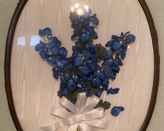 Curved glass and brass frame with silk bluebonnets ! Very Old Texas 