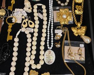 Nice collection of Miriam Haskell costume jewelry.  The key shaped key chains are vintage Gucci and still have the tags attached. Circa 1984
