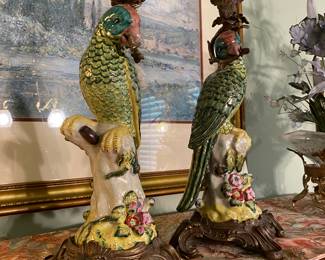 Porcelain parrot pair candleholders with bronze ormolu detail