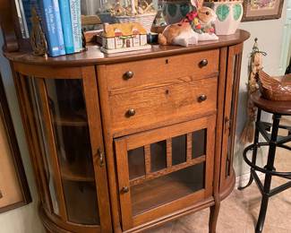 Antique oak, double glass door mirrored buffet, Fitz and Floyd bunny, cottage ware butter dish