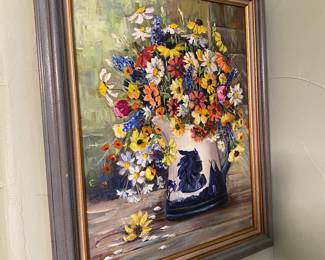 E. Saunders 
Colorful floral in blue & white pitcher 
Oil on canvas