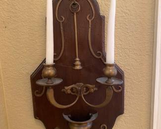 Antique wood and brass wall candle with snuffer  and  basin