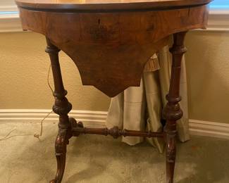 Victorian oval , top lift up storage cabinet with Burlwood and trestle stand! Beautiful unique piece! 