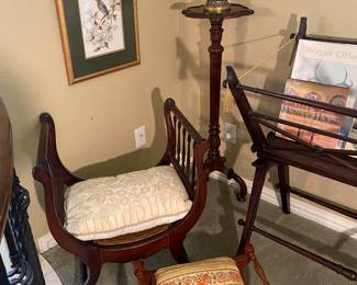 Antique mahogany bench with tall, ornate spindle sides, little foot stool 