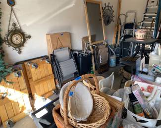 Wood furniture movers, wall clock, folding chairs, 