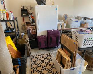 Frigidaire freezer, luggage, boxed bar stools, 