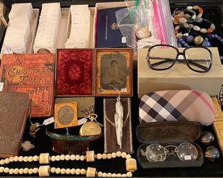 Burberry frames, vintage glasses, antique frames & books 