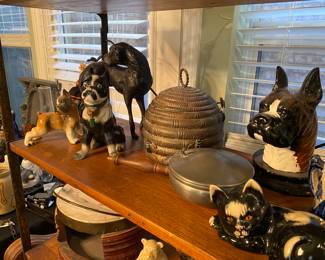 Sweet little collection of dog and cat, animal figurines, antique boxer bank with padlock, Mottahefeh brass beehive
