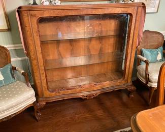 Burl-wood three shelf china / display cabinet with French motif