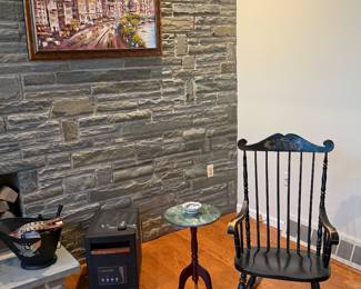 Living Room 
Hitchcock style rocking chair, marble top stand, Eden pure heater