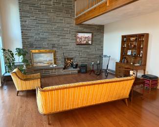 Living Room 
Vintage wooden framed striped sofa & chair