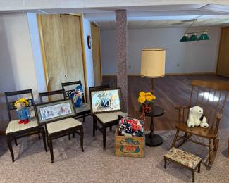 Basement 
Set of chairs, Canada Dry crate, artwork, rocking chair