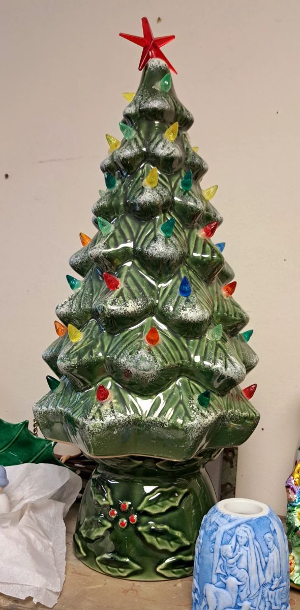 1/2 OFF ALL REMAINING ITEMS!!
2 Day Large Estate Sale, featuring Part 1 of 3 Christmas Sale. Lighted 2 pcs. vintage ceramic Christmas tree