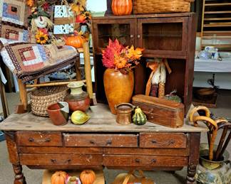 Much, much primitives and Fall decor!! Primitive possum belly cabinet table