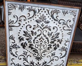 Much artwork. Framed metal wall art