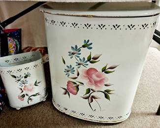 Painted 'Detecto" chic hamper and trash can