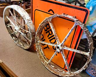 Last estate just came in whse.!! Primitive cast iron tractor wheels