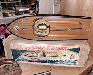 "Power Cruiser" toy wood boat w/ motor in original box 