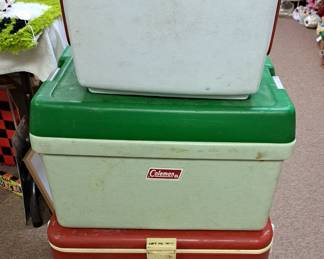 Vintage coolers. "Pearl Beer", "Coleman"  and "Thermos" coolers