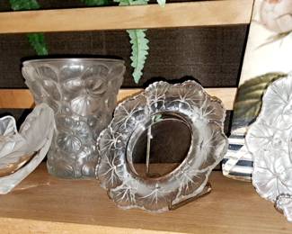 Lalique vase, coasters and bowl